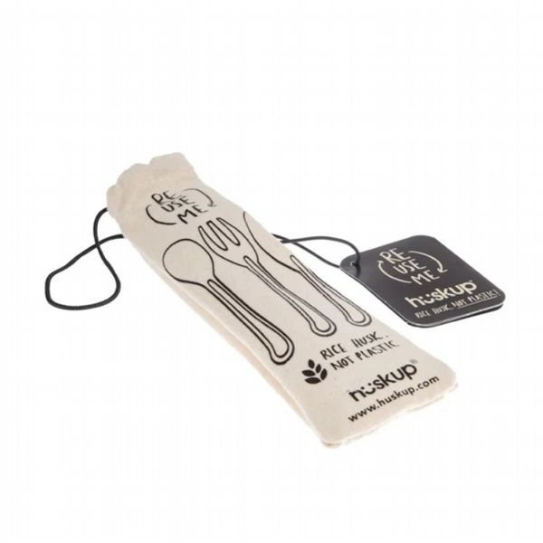 Reusable Rice Husk Cutlery Set - knife, fork, spoon in jute bag