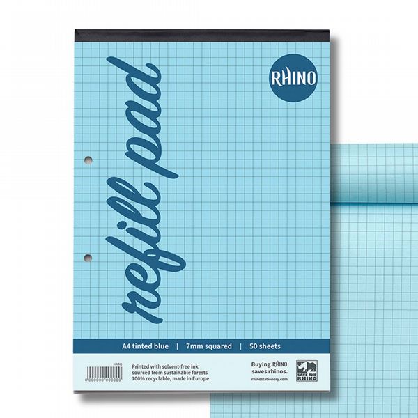 RHINO A4 Blue Paper Refill Pad 100 Page 7mm Squared