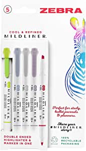 Zebra Midliner 5Pk double ended highlighters & markers, Cool & Refined Colours