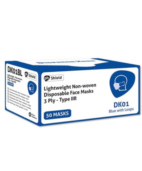 HPC Disposable 3-Ply Face Masks with Elasticated Loops Non Woven Blue Pack of 50 DK01BL