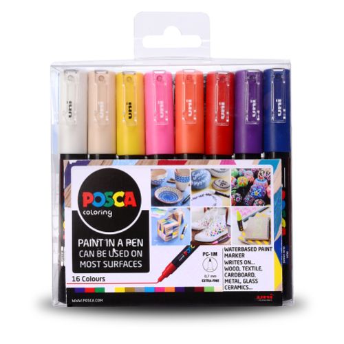 Uni: Posca Marker: PC-1M: Extra-Fine Bullet Tip: 0.7mm: Assorted Colours Set of 16