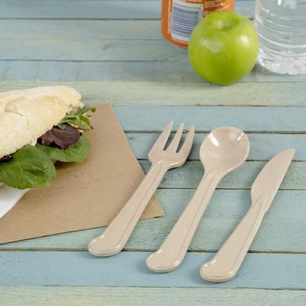 Reusable Rice Husk Cutlery Set - knife, fork, spoon in jute bag